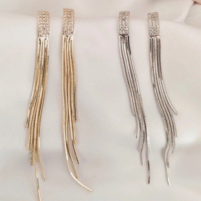 Long Tassel Shiny Full Rhinestone Drop Earrings for Women Fashion Crystal Statement Hanging Dangle Earring Party Jewelry Gifts