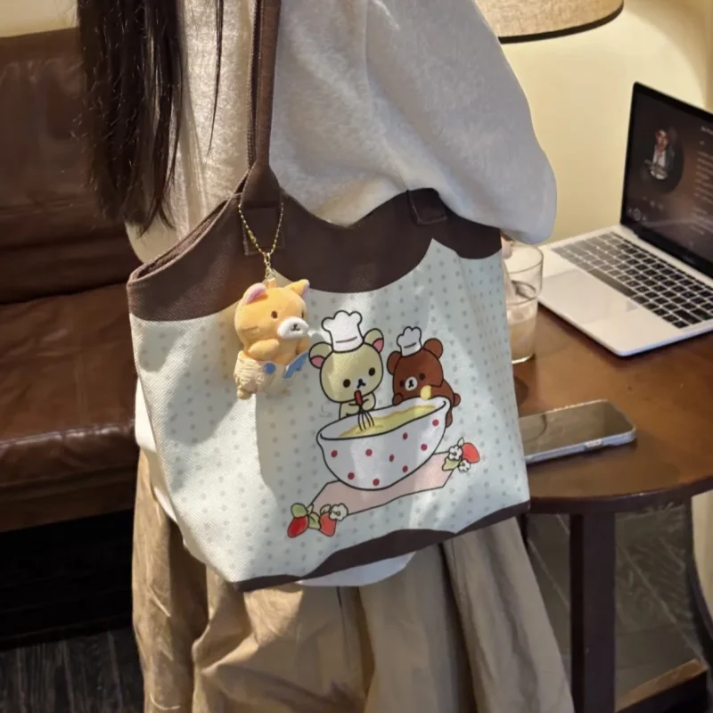 

Милая холщовая сумка на плечо Rilakkuma большой емкости, сумка-тоут с героями мультфильмов для поездок на работу, повседневная студенческая сумка, японские подарки