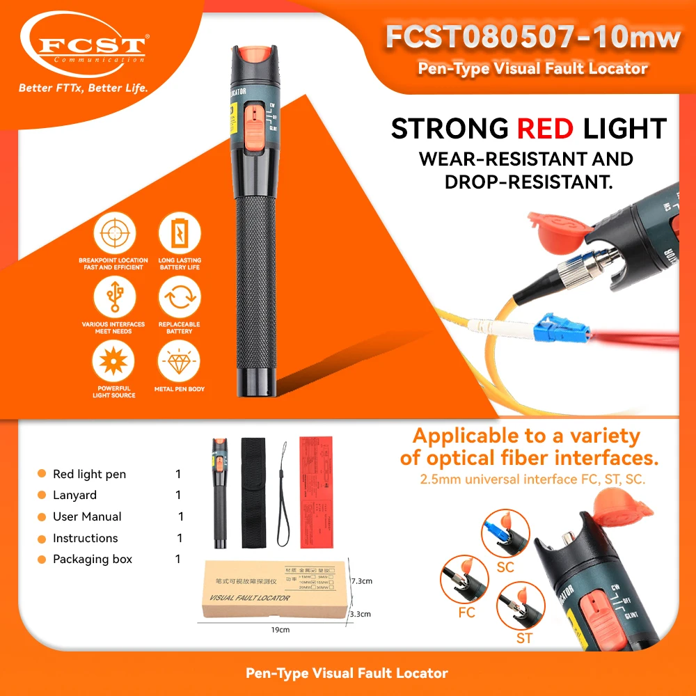 FCST 1/10/20/30/50mw Visual Fault Locator SC/FC/ST 2.5mm Interface VFL Optical Fiber Test Tool Fiber Optic Cable Tester Pen