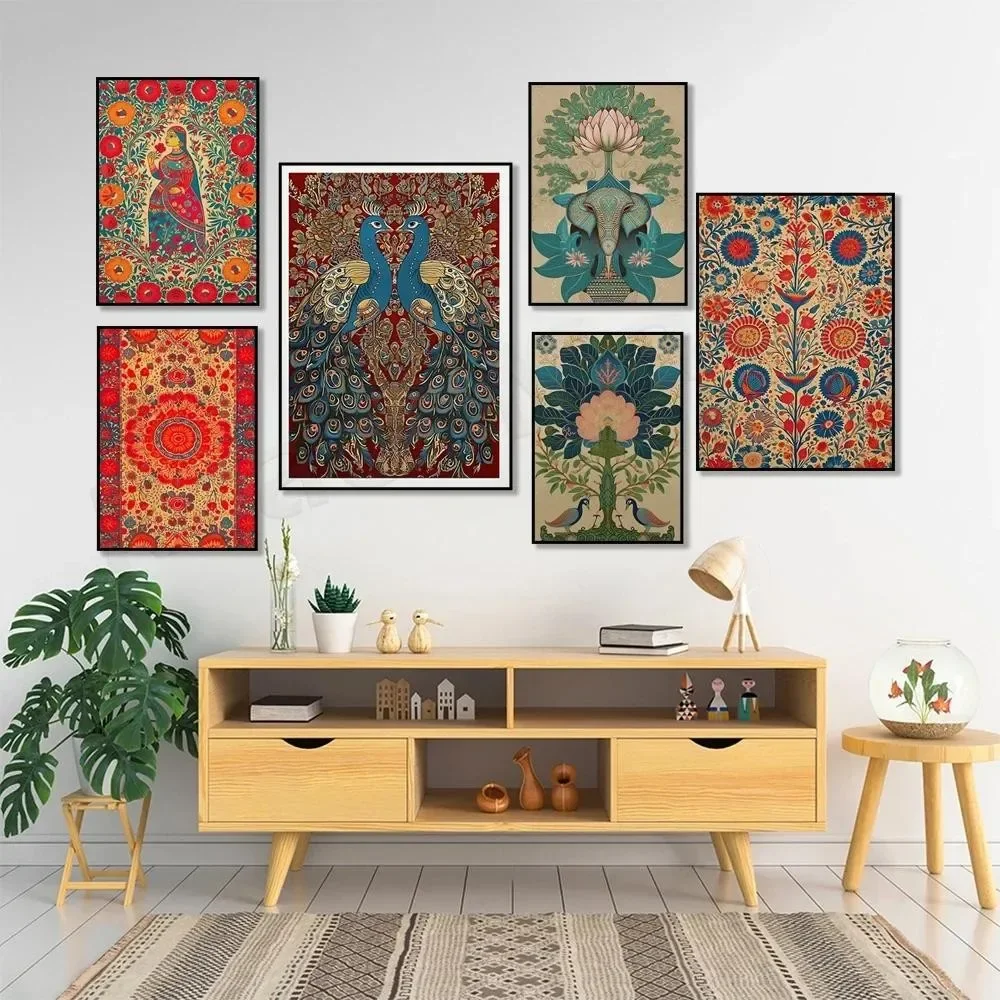 Multi-size 1PC frameless high-definition decorative paintings,Mughal Floral Tree of Life Indian Canvas Wall Art – Vintage Peacoc