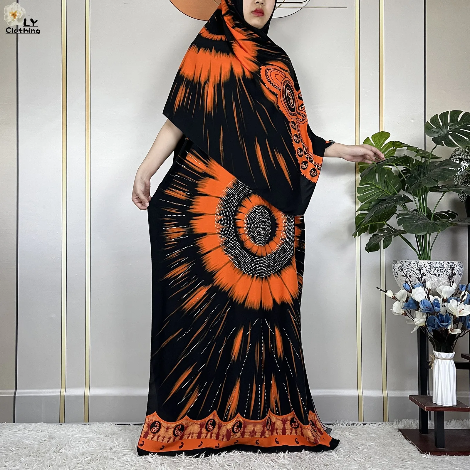 New African Summer Lady\'s Dress With Big Scarf Cotton Diamonds Printed Loose Maxi Islam Dubai Women Short Sleeve Abaya Clothing