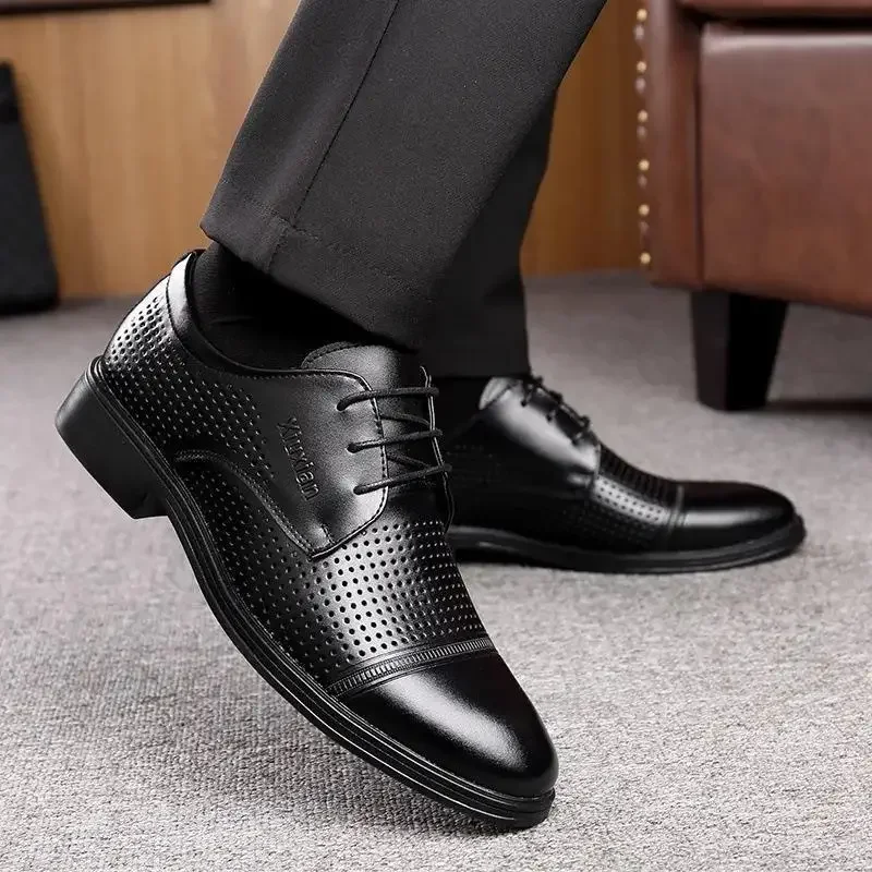 

Casual Men's Soft Leather Upper Breathable Hollow out Design Summer New Formal Low Heel Slip-On