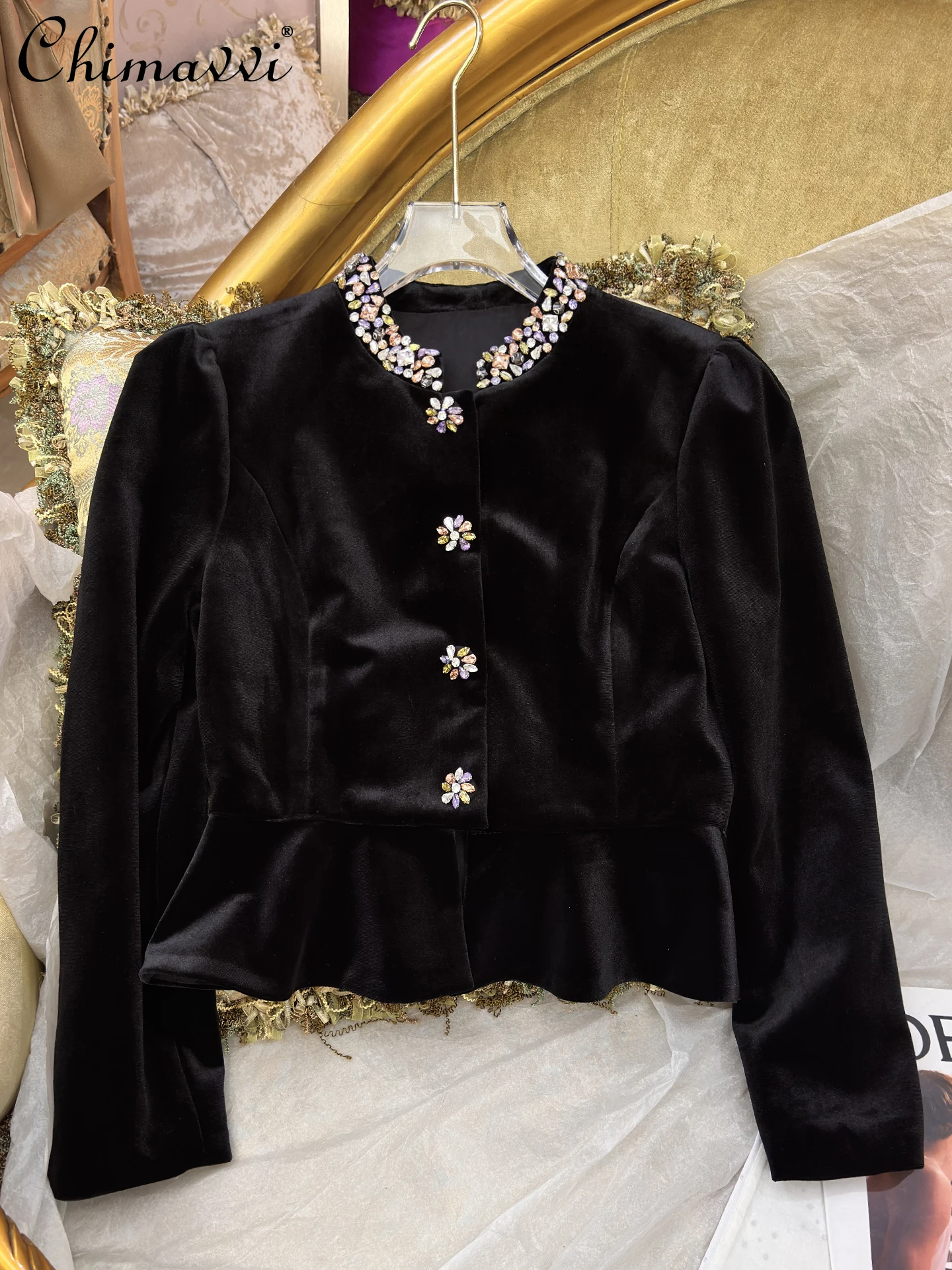 

Autumn Winter New Heavy Velvet Jacket French Fashion Elegant Personality Ruffle Hem Slim Long Sleeve Party Short Women's Coat