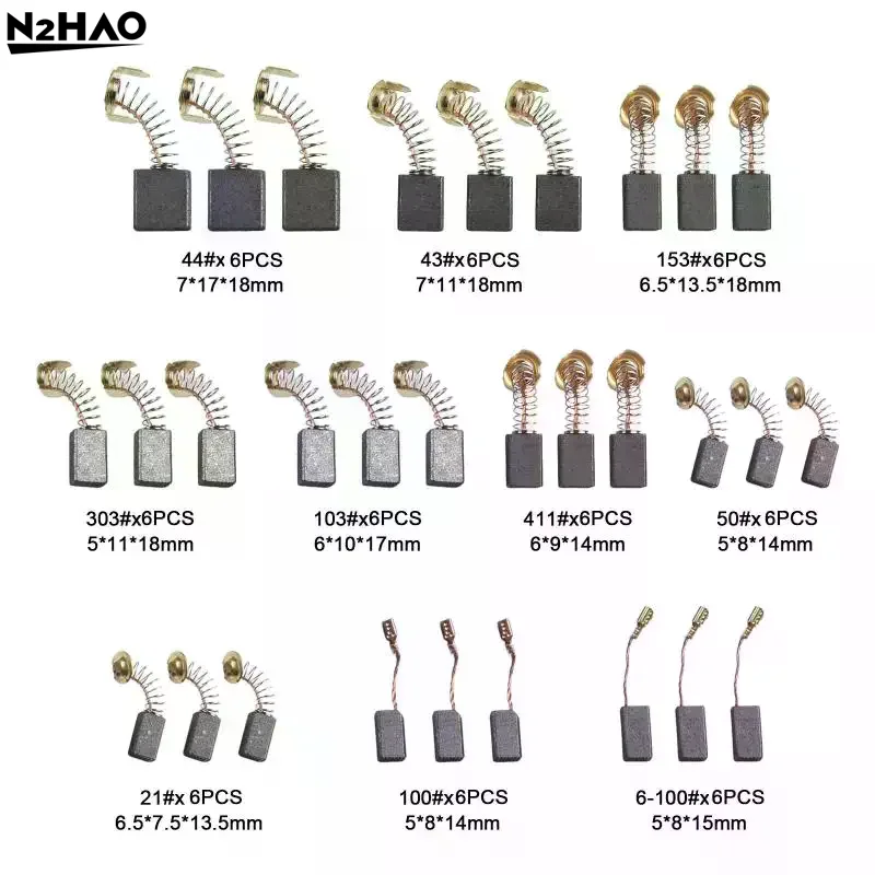 

60 шт., угольные щетки для электродвигателя, запасные части для электроинструмента, замена угольной щетки, 10 различных типов