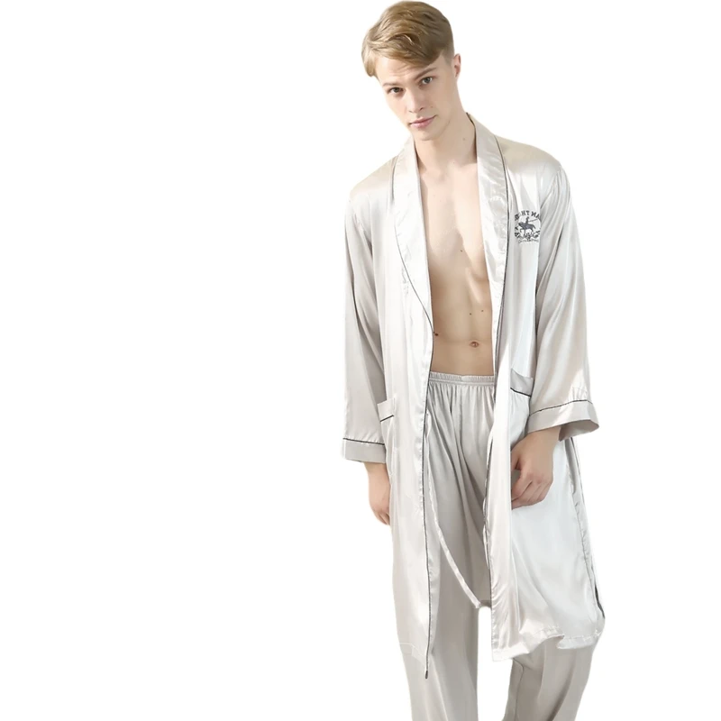 

Luxury Polyester Silk Satin Two-piece Men's Pajamas Long Robe and Trousers for Men Pajamas