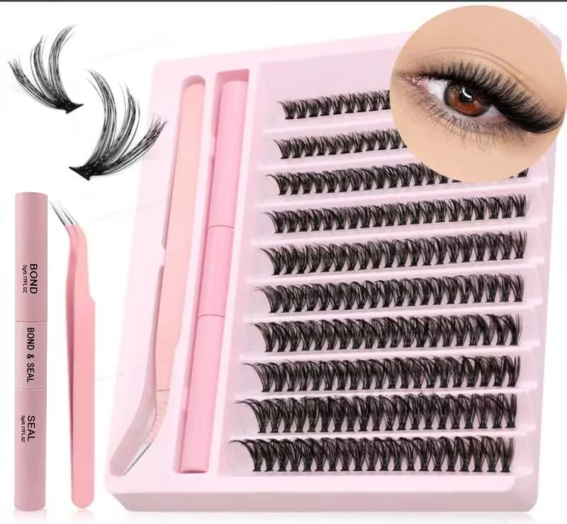 200 Clusters of Mink Imitation False Eyelash Set - C Roll, Mixed Length 10-16 Millimeters, with Built-in Tweezers