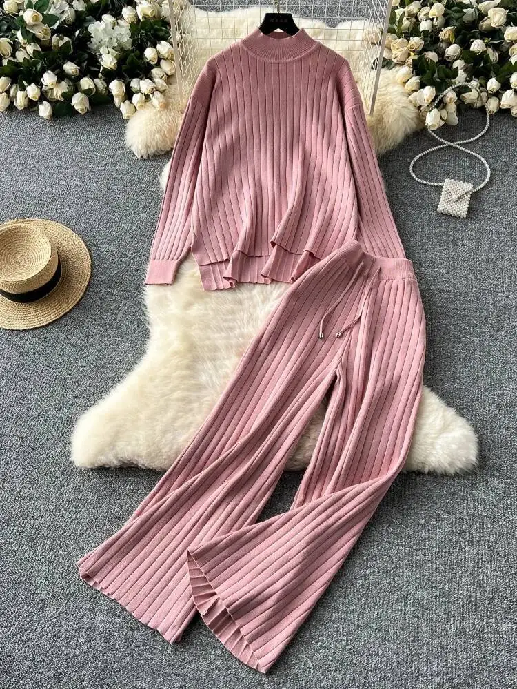 

Autumn Winter Sweater Two Piece Set Women High Neck Pullover Loose Long Sleeved Knit Top+high Waist Wide Leg Casual Pants Outfit