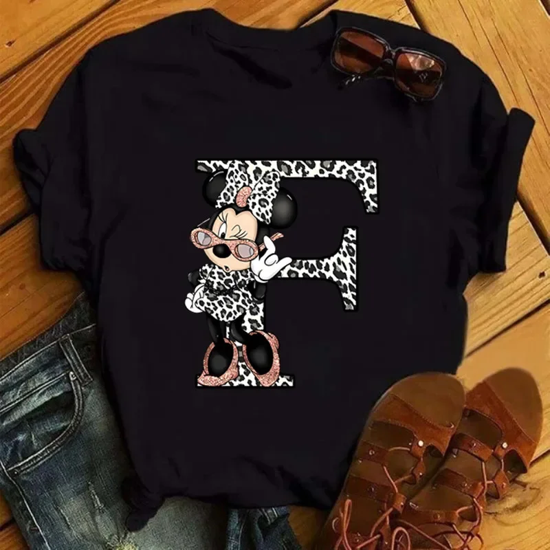 Disney Minnie Mouse A-Z Letters Children T-shirt Summer Short Sleeve Cotton Tshirt Boy Girl Clothing Fashion Top Casual Baby Tee