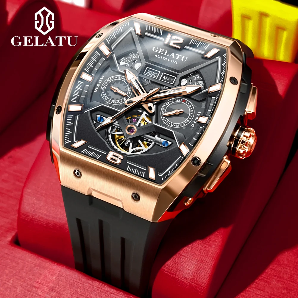 GELATU High Quality Original Automatic Watch For Men Skeleton Waterproof Sport Watches Week Date Display Mechanical Wristwatches