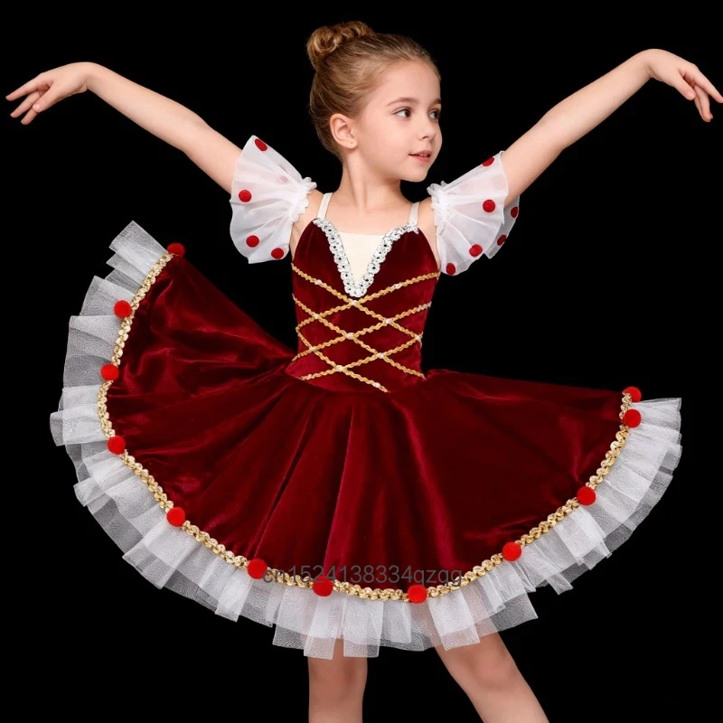 

Girls' Ballet Dance Dress Ballet Dance Performance Outfit Puffy Skirt Wine Red Velvet Princess Skirt Children's Birthday Dress