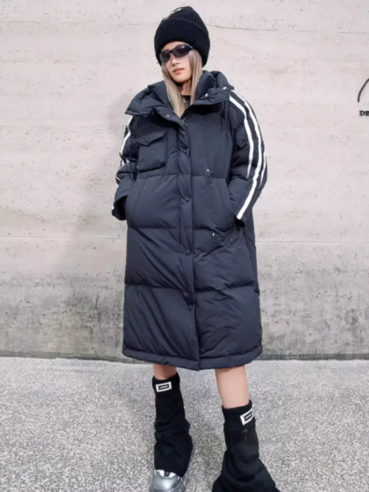 Hooded Duck Down Jacket for Women, Striped Parka, Medium Length, Loose, White, Street Fashion, Trend, Winter