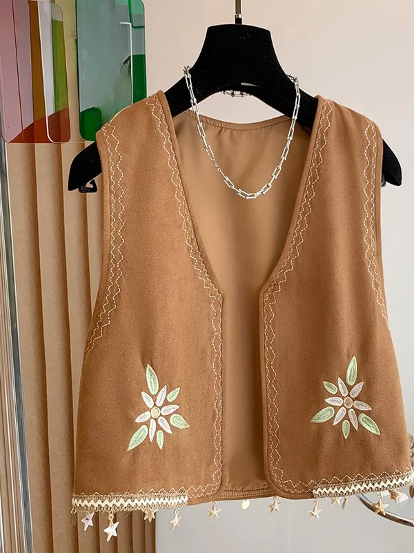 

Женский жилет с бахромой и вышивкой, осенне-зимний новый жилет для путешествий, фотография в этническом стиле, круглый жилет на одной пуговице...