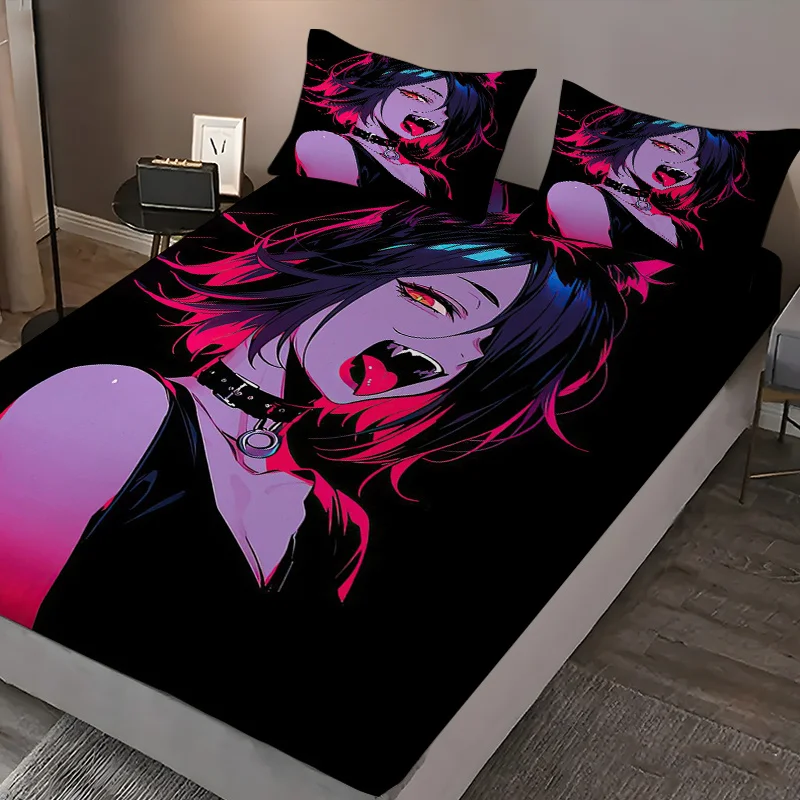2D digital print three-piece bedding set (includes 1 fitted sheet + 2 pillowcases) mattress protector, fitted sheet style with elastic edges, protective cover, mattress protector, fitted sheet bedding, cool dark style cat-ear girl anime fitted sheet view 4