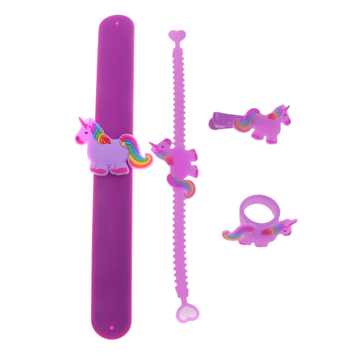 

4pcs Cartoon Unicorn Ring Bracelet Hair Clip Ring Kids Party Favors Flexible Eco-Friendly Costume Purple