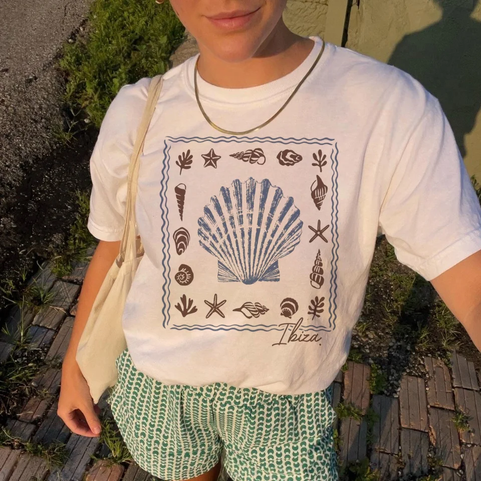 

Shell Pattern Retro Short Sleeved Street T-Shirt Top Printed O-Neck Women's Cute Casual Summer Cartoon Style White T-Shirt