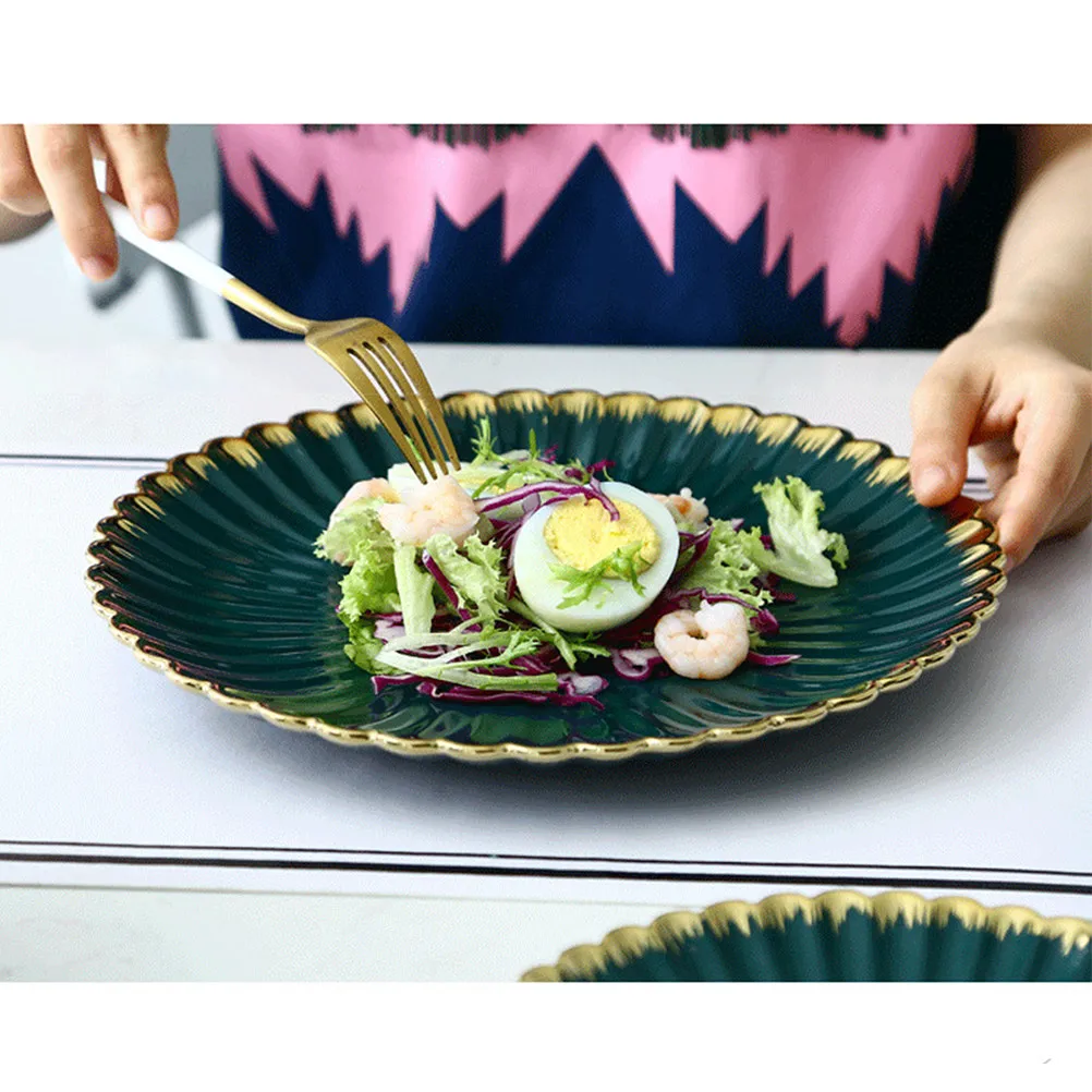 Creative Retro Dark Green Ceramic Plate Gold Chrysanthemum Design 26.5x26.5x3cm Round Porcelain Dish Stylish Steak Fruit Dinner