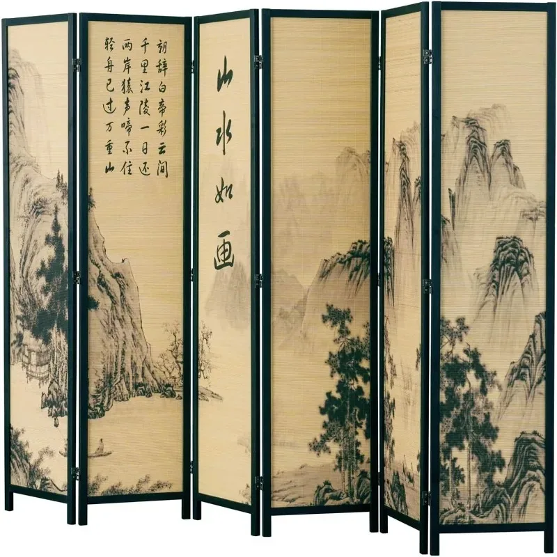 

Folding Room Divider Bamboo Screen with Chinese Calligraphy Design, Freestanding Floral Artwork Room Partitioner with Wood Frame