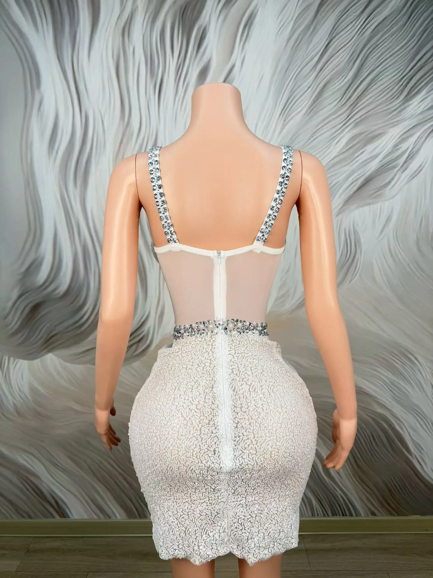 Baishatang Glamorous White Sequin Rhinestone Corset Spaghetti Strap Mini Dress Formal Cocktail Party Nightclub Gown - view 5