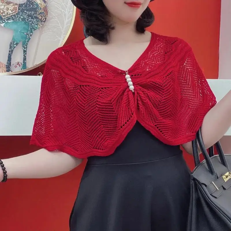 Chal tejido de algodón de Color sólido para mujer, bufanda de protección solar de verano con Pin de perla, Poncho calado decorado