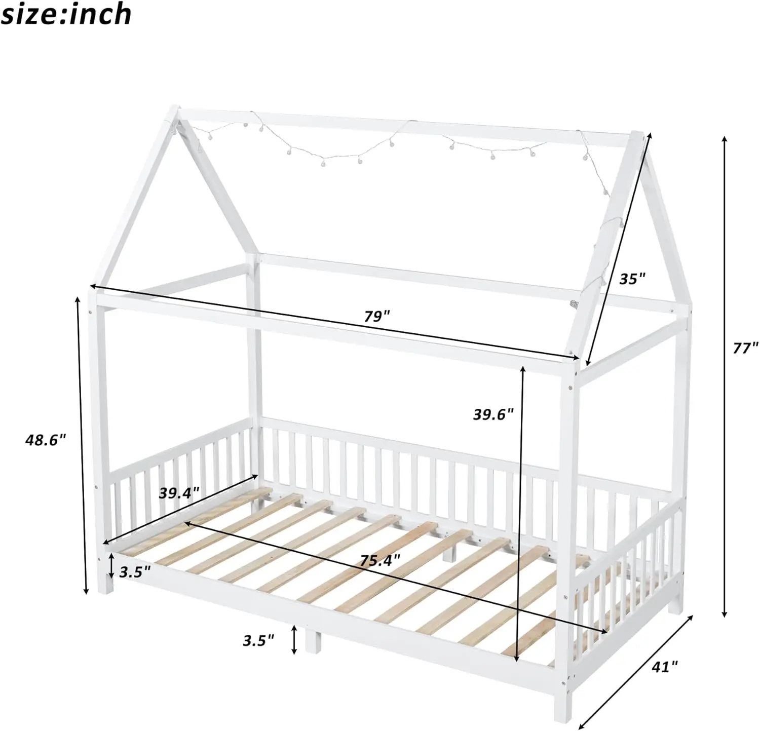 Twin Size House Bed For Kids, Wood Platform Bedframe With Light And Guardrail For Teens Girls Boys, No Box Spring Needed, White