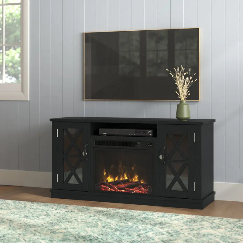 

tb-Wholesale Living Room Storage Cabinet Fireplace Black TV Stand Rustic Wood and Glass Door Electric Fireplace-