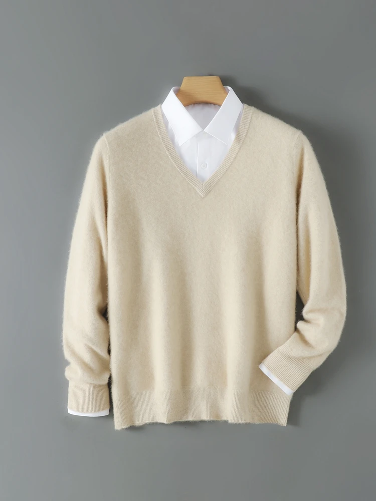 

TLOML New Men's V-neck Wool Pullover Sweater Basic Solid Soft Warm Cashmere Sweater 100% Merino Wool Knitwear Autumn Winter Tops