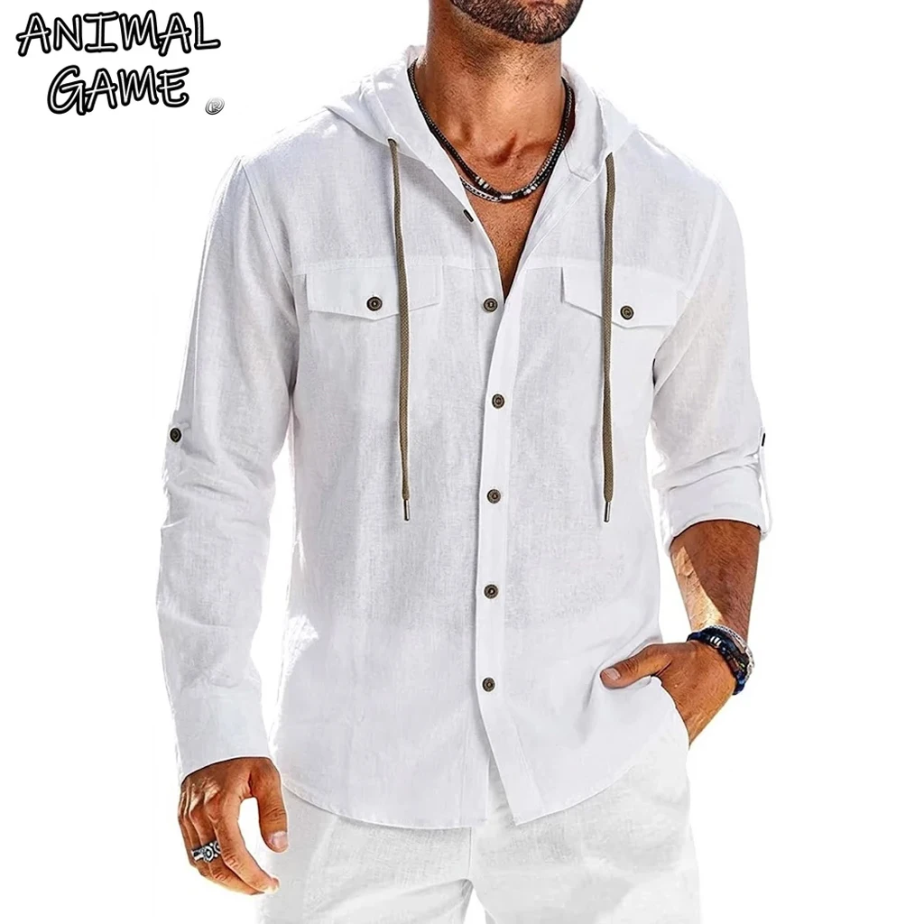 

Cotton Linen Shirt for Men Casual Shirts Long Sleeve Henley Beach Shirts Hawaiian T Shirts for Men Lightweight Button Hooded Tee