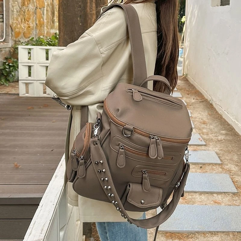 Y2K Retro Biker Backpack Wide Strap Rivet MultiPocket Convertible Shoulder Bag Large Capacity Commuter Tote & Handbag for Unisex