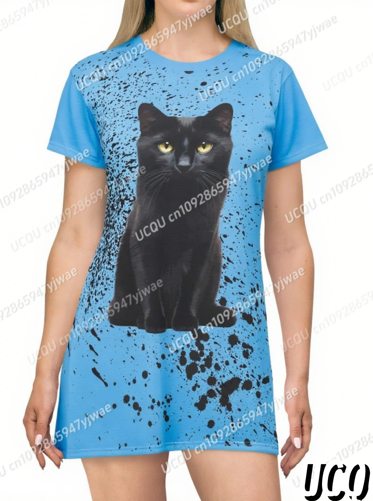 2025 Donne di Estate T-Shirt Vestito Allentato Casual Gatto Nero Stampa Stampato O-Collo Della Signora Manica Corta Pullover Abiti Abbigliamento Donna