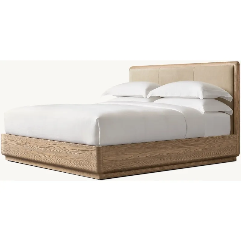 American Simple Solid Wood Bedroom Furniture King Bed Double Master Bedroom Villa Hotel Leather Panel bed