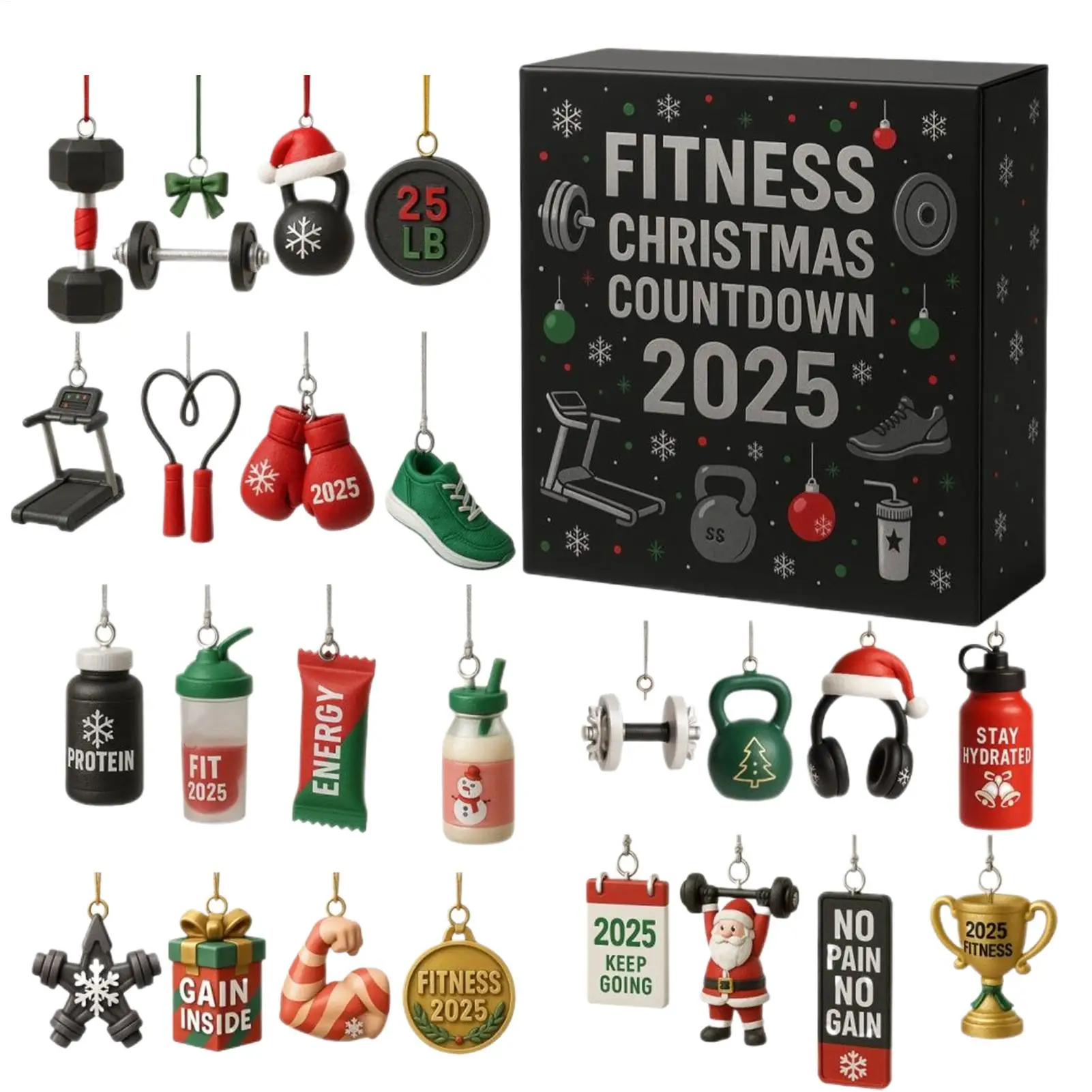 Weihnachts-Countdown-Kalender, 2D-Acryl, 24 Tage Fitness-Ausrüstung, Weihnachtsbaumschmuck für Freund, Ehemann, Fitness-Enthusiasten
