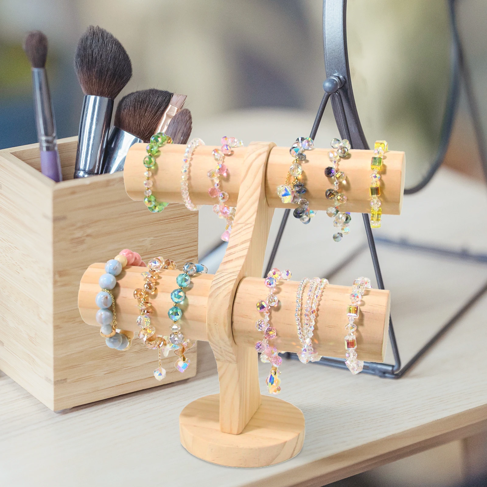 

Wooden Bracelet Display Holder Stand Storage Organizer Bangle Beaded Hair Ties Desktop Accessory Khaki Lightweight Durable