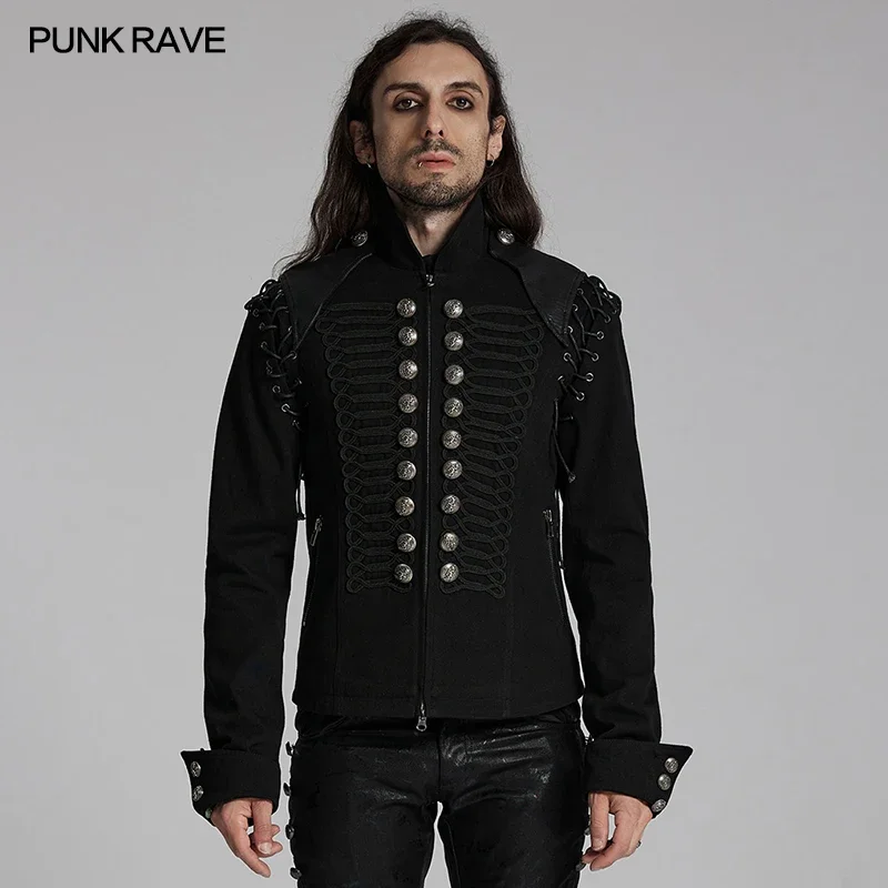 PUNK RAVE Men's Punk Woven Twill Military Jacket Personality Sleeves Are Detachable To Make A Vest Casual Black Coats Men