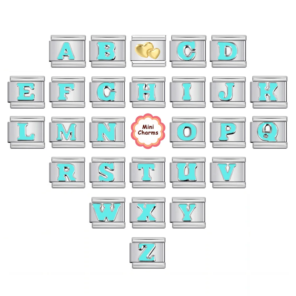 Einfache Grundierung Himmelblau 26 Englische Buchstaben A-Z Italienische Glieder Passend für 9mm Charms Edelstahl-Armbänder DIY Schmuck Geschenk – Detail 1