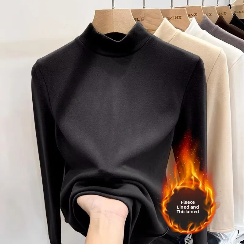 Thickened Double-sided Velvet Warm Base Shirt Women's Half High Collar Autumn Winter Slimming Flocking Long Sleeve Pure Color...