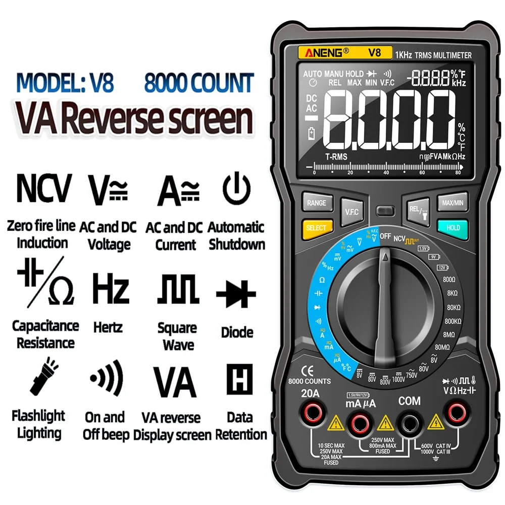 ANENG V8 cyfrowy multimetr profesjonalny true rms 8000 zlicza miernik elektryczny NCV DC/AC napięcie prądu multimetry LCD dokładny automatyczny