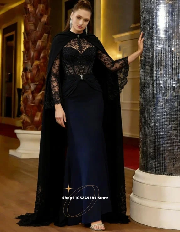 ชุดแม่เจ้าบ่าวเจ้าสาวสีน้ำเงินยาวหรูหราพร้อมผ้าคลุมไหล่เก๋ไก๋สำหรับงานแต่งงาน ชุดราตรีสำหรับแขกในงานแต่งงาน สามารถสั่งตัดได้