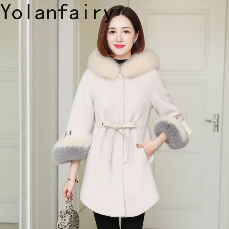 Yolanfairy Echte Wollen Kleding Voor Vrouwen Bont Overtreft Dames Casual Winter Mid-Long Shearling Coat Fox Collar Hooded Jassen Nieuw