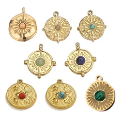 5pcs Stainless Steel Gold Plated Natural Stone Round Pendants Bohemian Sunflower for DIY Earrings Necklace Charms Jewelry Making