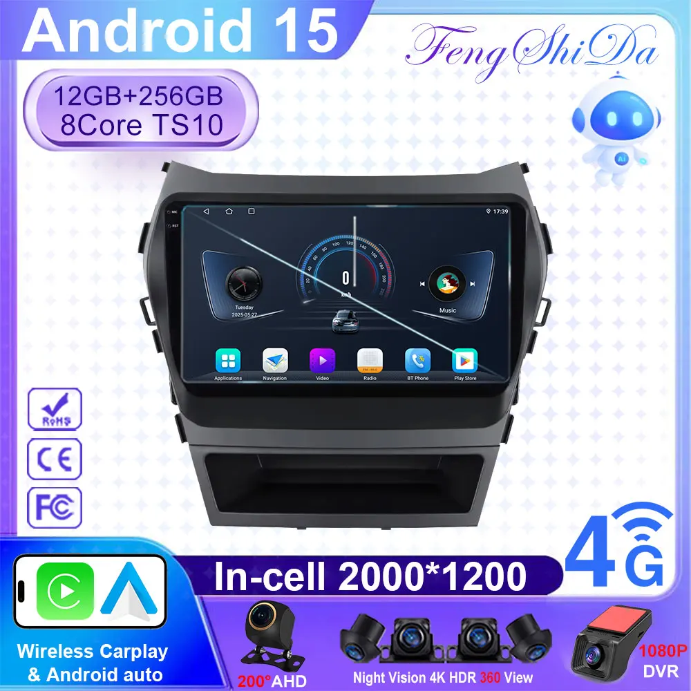 

9 inch Android 15 for Hyundai Santa Fe 3 2013 - 2016 Car Multimedia Radio Video Player GPS QLED Touch Screen Bluetooth