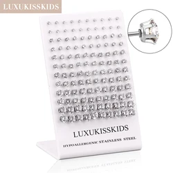 LUXUKISSKIDS 60paris/Lot Black/White Clearly Cubic Zircon Round Stud Earrings 6 Claw 3-8MM Stainless Steel Ears Clips Jewelry