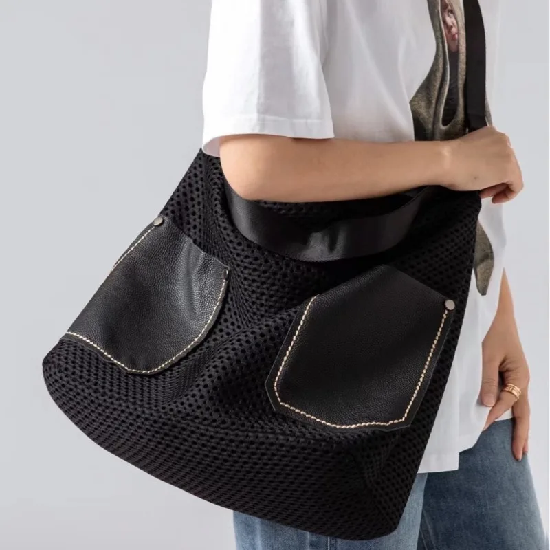 2024 New Autumn Style Niche Design Street Fashion Mesh Stitching Layered Denim Leather Shoulder Armpit Bag