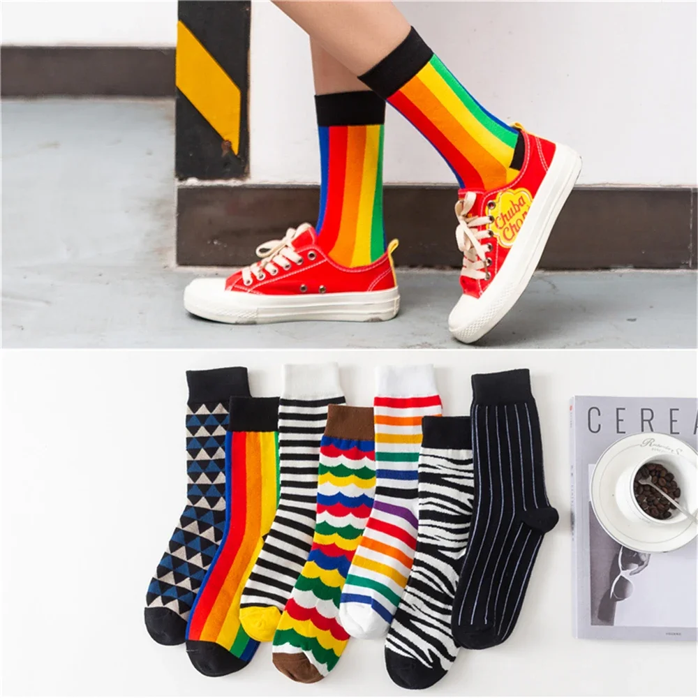 Dropship Happy Funny Art Dress Color Lot Men\'s Winter Fashion Socks Rainbow Set Colorful Stripes Sokken Business Unisex Casual