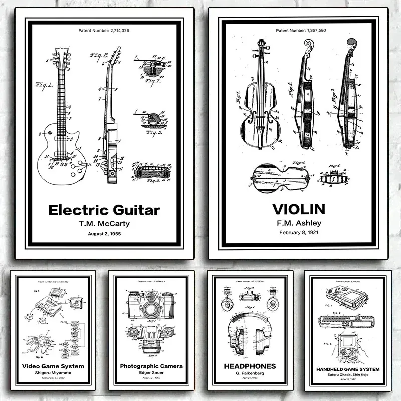 Musical Instrument Patents Posters Canvas Painting Guitar Saxophone Boombox Video Game Machine Wall Art Room Home Decor