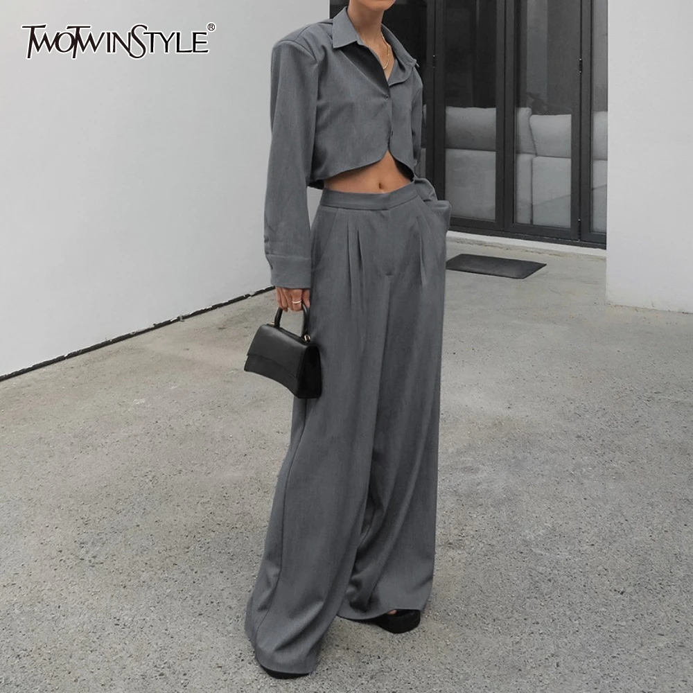 

TWOTWINSTYLE Office Two Piece Set for Women Lapel Long Sleeve Top High Waist Wide Lege Trousers Fashion Suit Female Autumn Style
