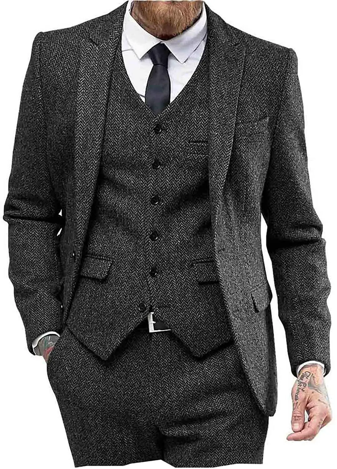 Costume rétro à chevrons pour homme, ensemble de smoking vintage élégant, 3 pièces, blazer, gilet et