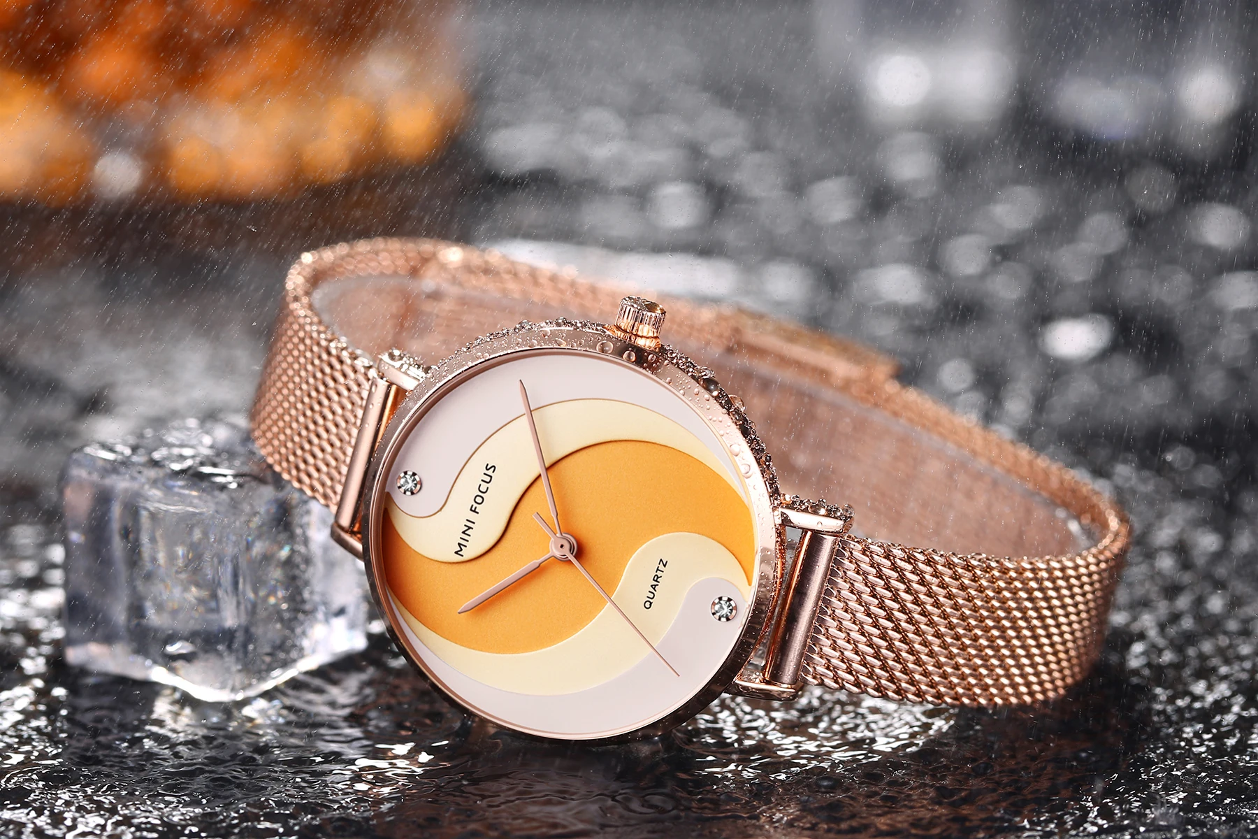 MINI FOCUS MF0291L Gradient Color Dial Watch Solid Gold Mesh Stainless Steel Band Waterproof Casual Fashion Women Quartz Watches