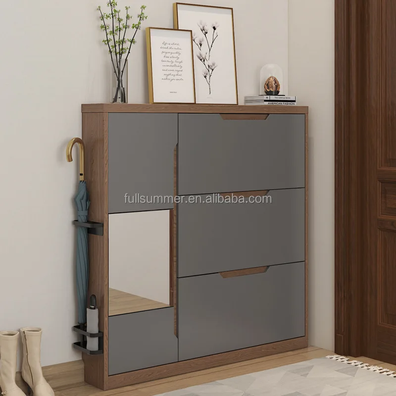 Slim Shoe Cabinet, 17cm/6.7 inch Wooden Flip-Door Shoe Rack with Seat, Space Saving Narrow Shoe Storage Cabinet for Entryway