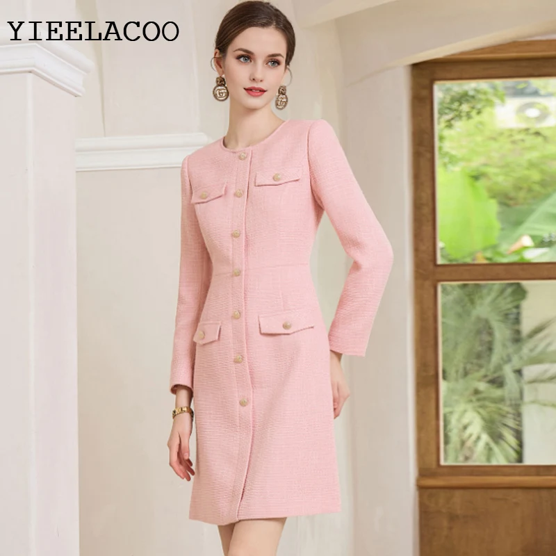 

Pink Tweed dress fishtail Navy Nlue Spring / Autumn Women's Dress Ladies Slim Nottoming Dress One-piece
