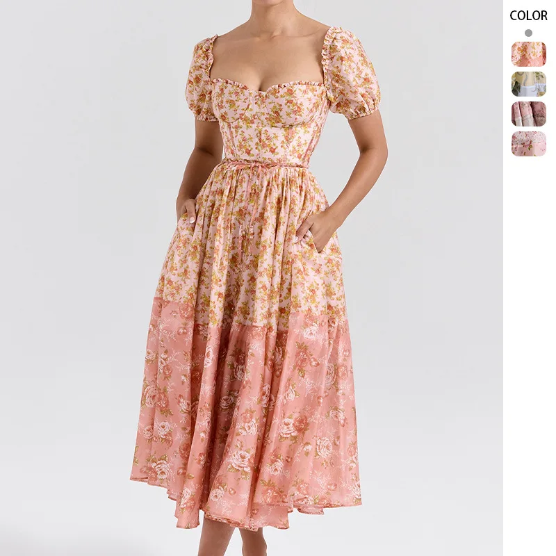 Schicke 2026 Sommerkleider mit weitem Saum für Damen – figurbetont, hoher Bund, Puffärmel, Blumenmuster, plissiert, Y2K-Stil